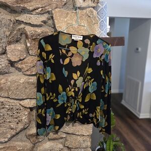 Ronni Nicole Black Floral Tie-Front Blouse